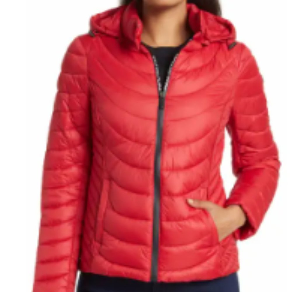 BNWT Michael Kors Contrast Packable Hooded Down Jacket X-Large, CRIMSON
